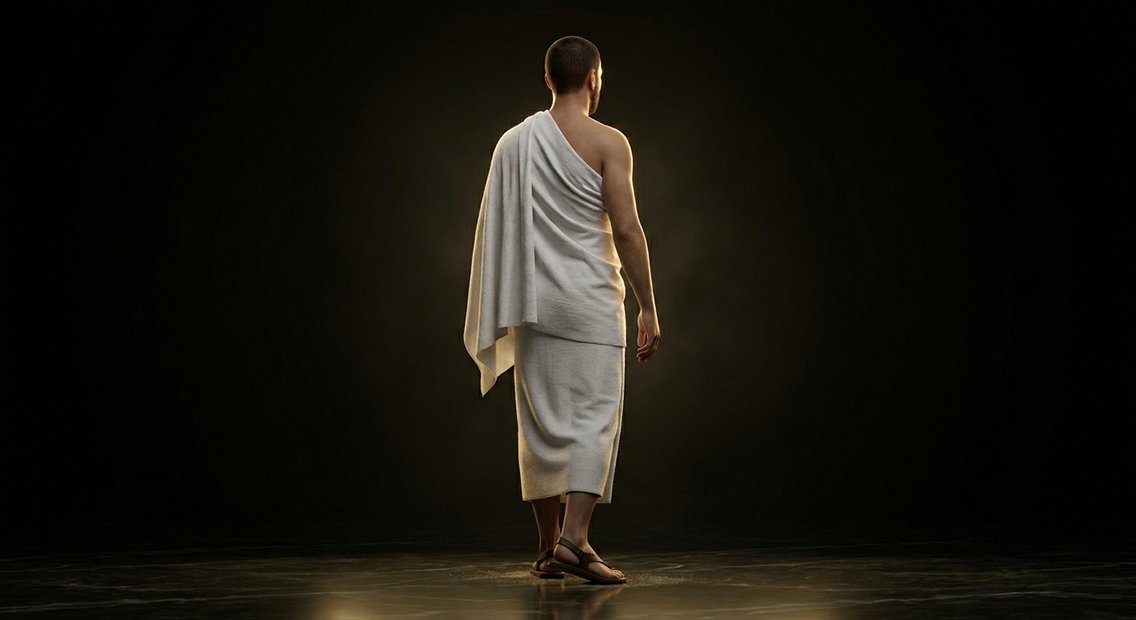 A man in Ihram - the two unstitched white sheets (izar wrapped around the waist and rida draped over one shoulder), bare head, and exposed sandals