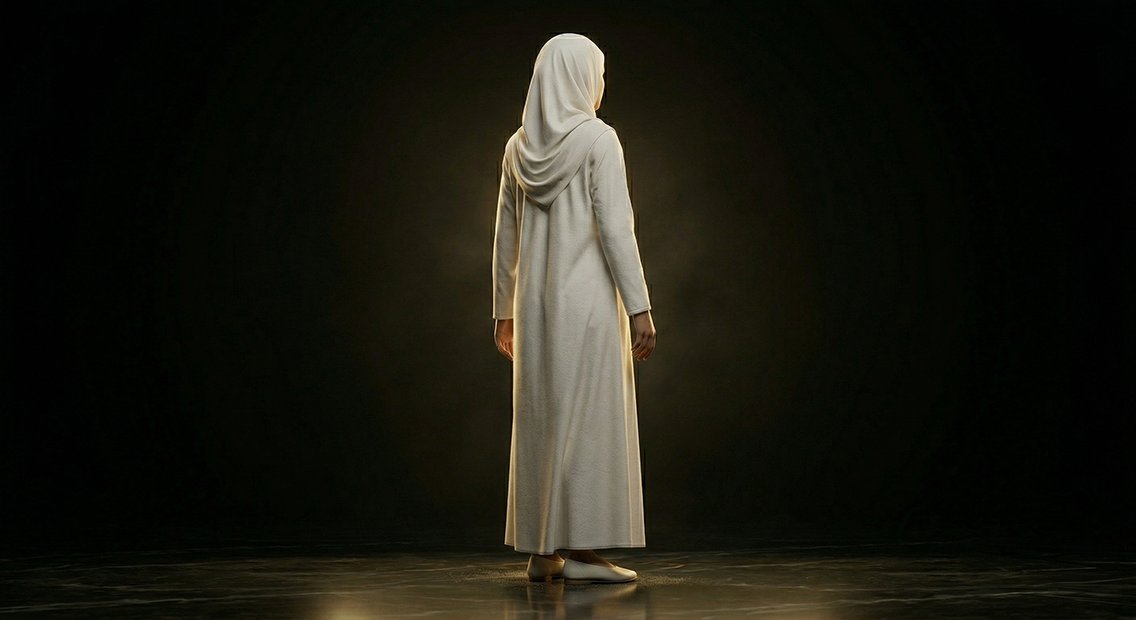 A woman in Ihram - a long modest gown with the head covered by a hijab, face and hands left uncovered, wearing soft modest shoes