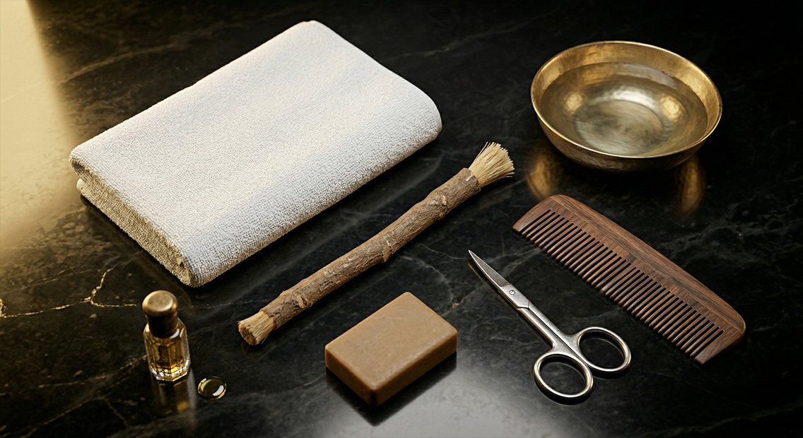 The recommended Sunnah grooming items laid out before entering Ihram - a folded white towel, miswak, bar of soap, nail scissors, wooden comb, perfume oil, and a polished water bowl on a dark marble surface