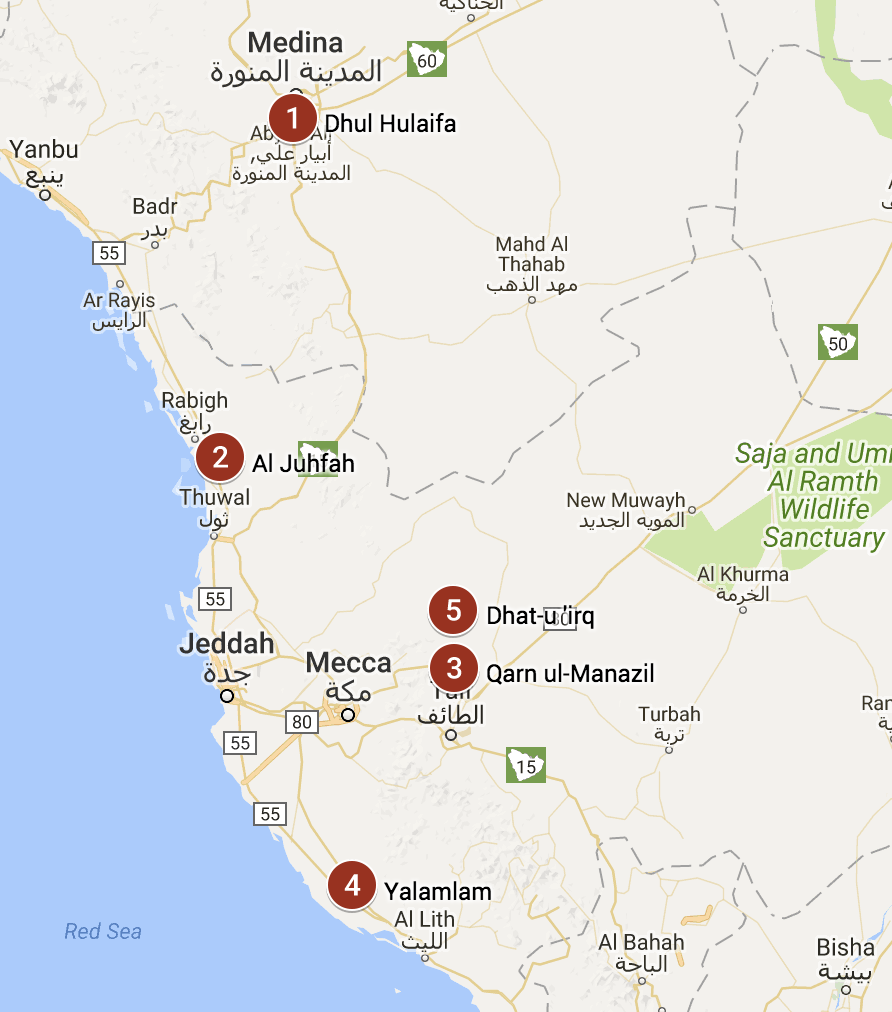 Carte montrant les cinq points de Miqat entourant La Mecque